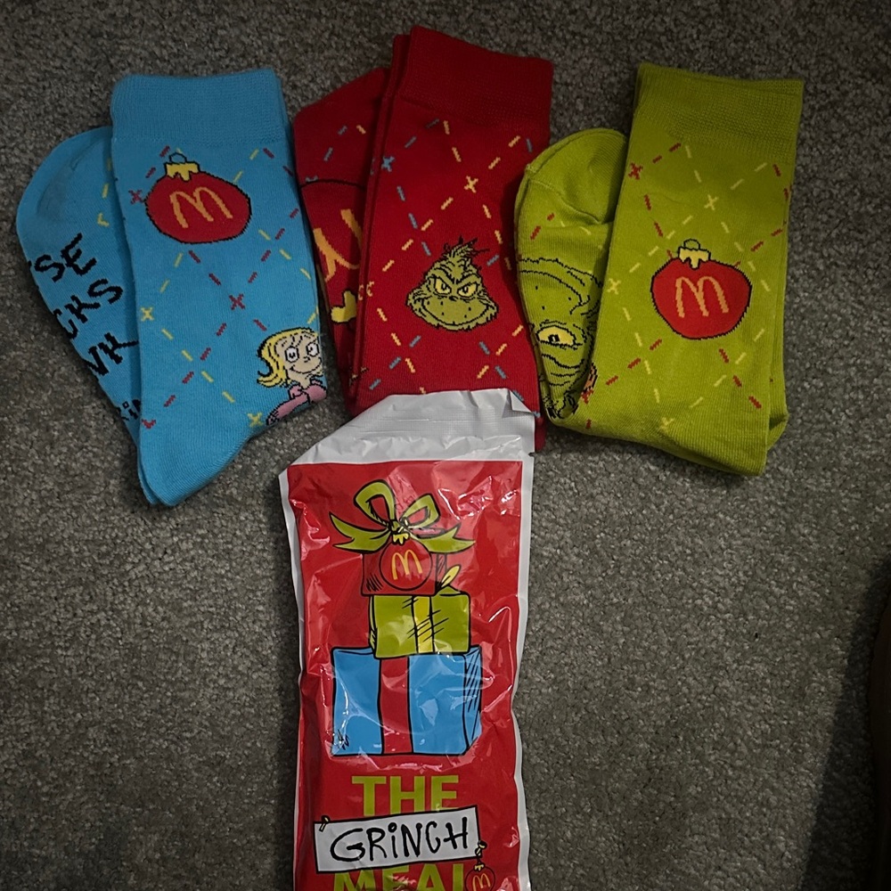 McDonald's Grinch Crew Socks - Blue, Red, Lime Green and one unopened package